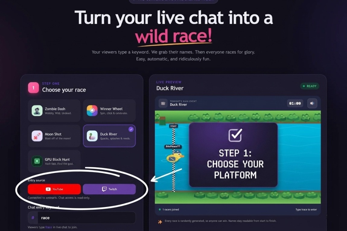 YouTube and Twitch entry-source buttons highlighted on the Name Pickers setup page