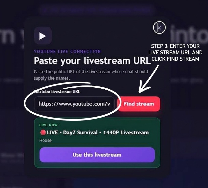 Livestream URL field, Find stream button, and live-stream confirmation