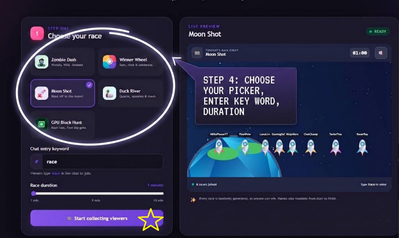 Game choices, keyword, duration, and Start collecting viewers button highlighted